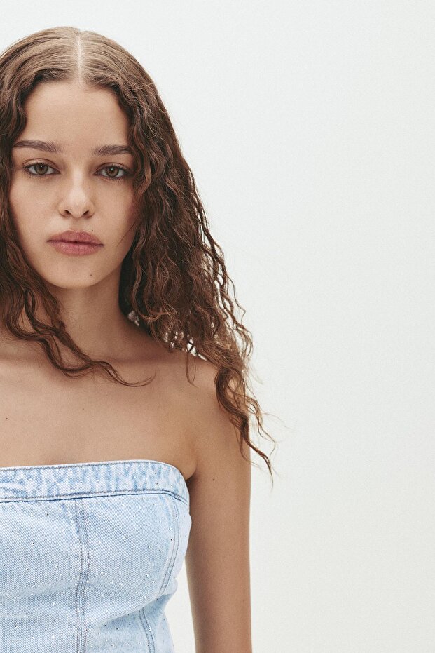 Denim parıltılı korse tarzı top - 5