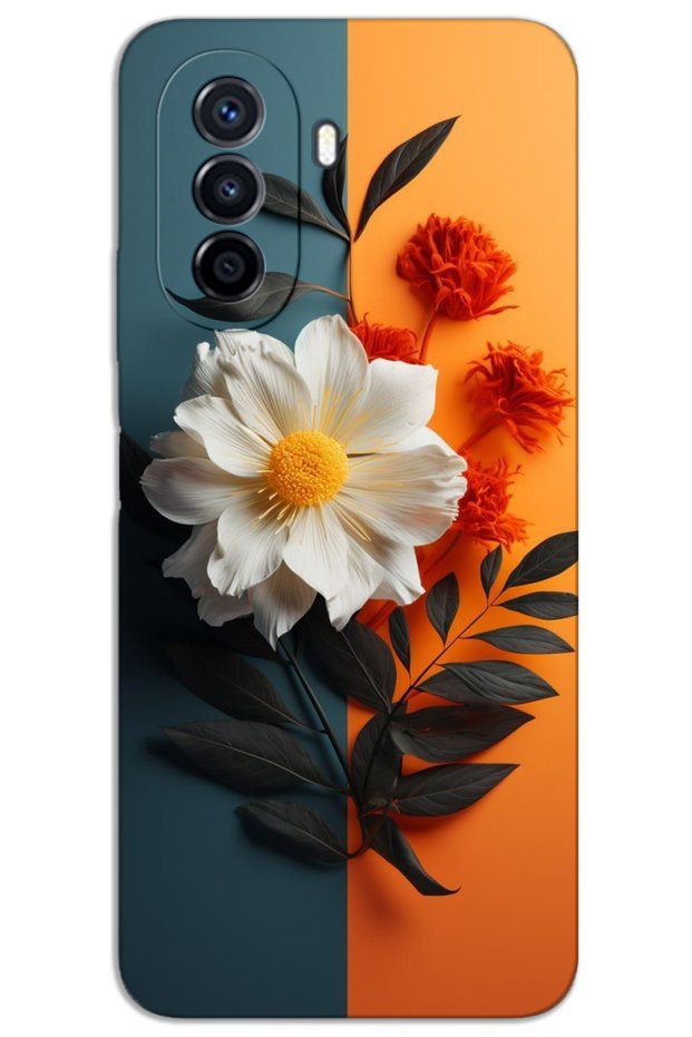 غطاء خلفي مطبوع بنمط HD لهاتف Huawei Nova Y70 - زهرة بيضاء برتقالية