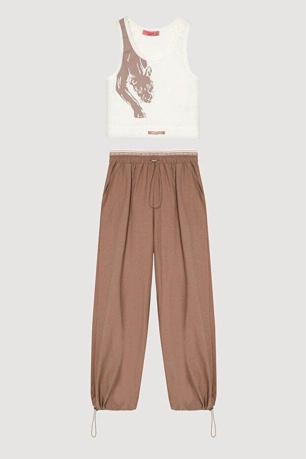Halter Neck Patterned Crop Tank Top and Elastic Detailed Pants Set
