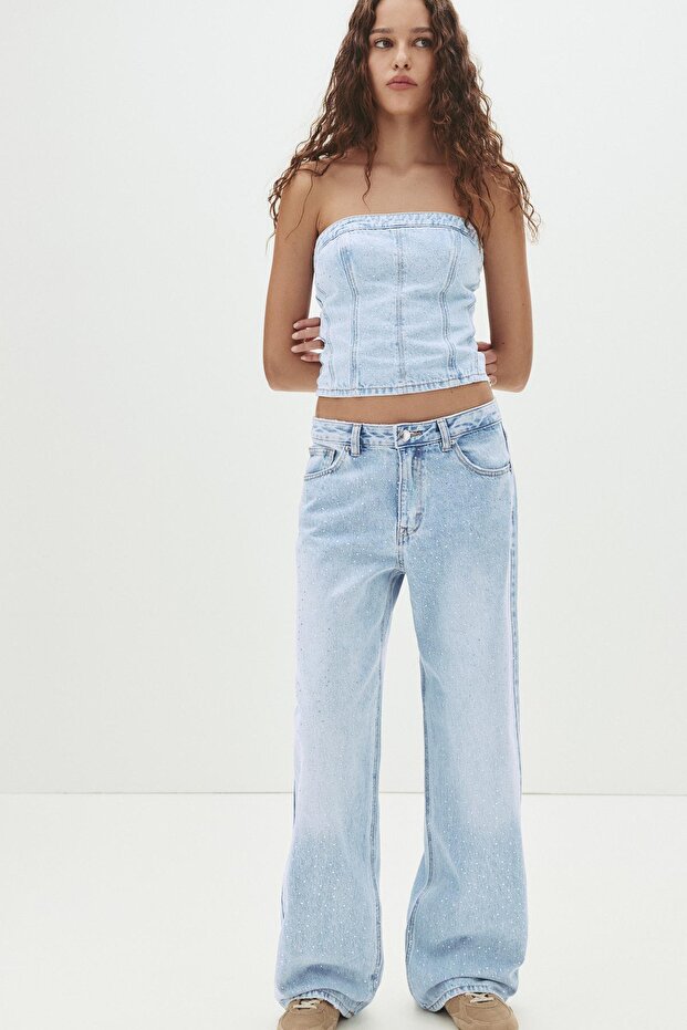 Denim parıltılı korse tarzı top - 4