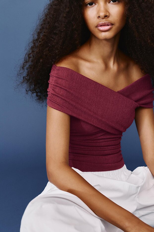 Açık omuzlu kruvaze yaka Top - 1