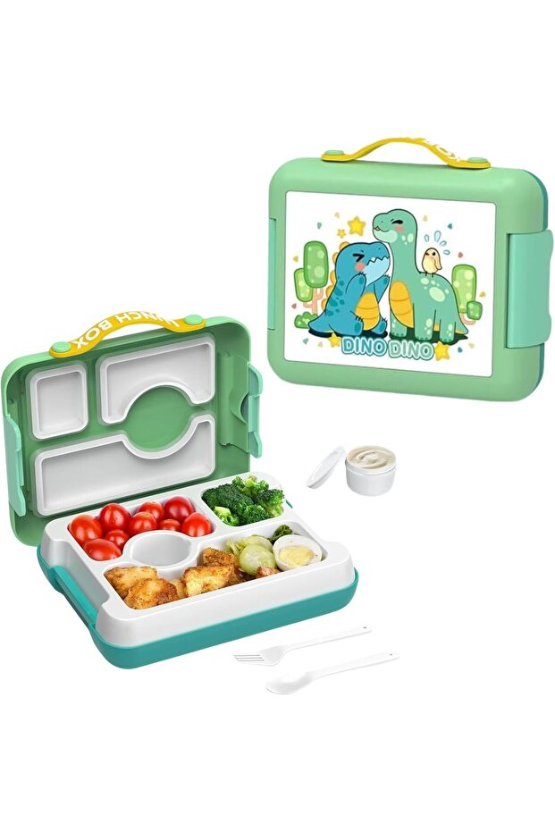 Kids Dino Bento Box - Leak-Proof, 4 Compartments, Perfect Portion Sizes for Ages 3-10, BPA-Fr