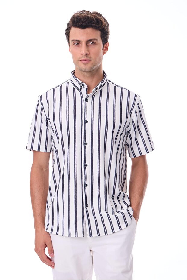 Short Sleeve Striped Men's Shirt - Cotton Summer Fabric - Menton Navy Blue