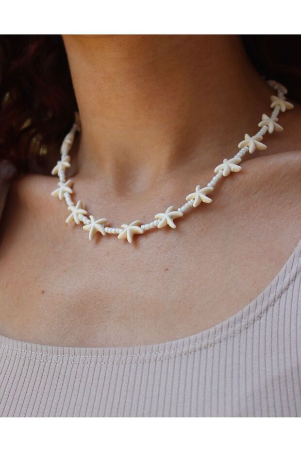 Stainless Steel White Bead & Star Necklace