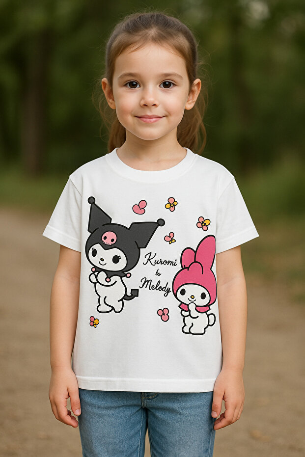 Girls' Cotton Crew Neck Basic Color Printed Short Sleeve T-Shirt (3-8 Years)