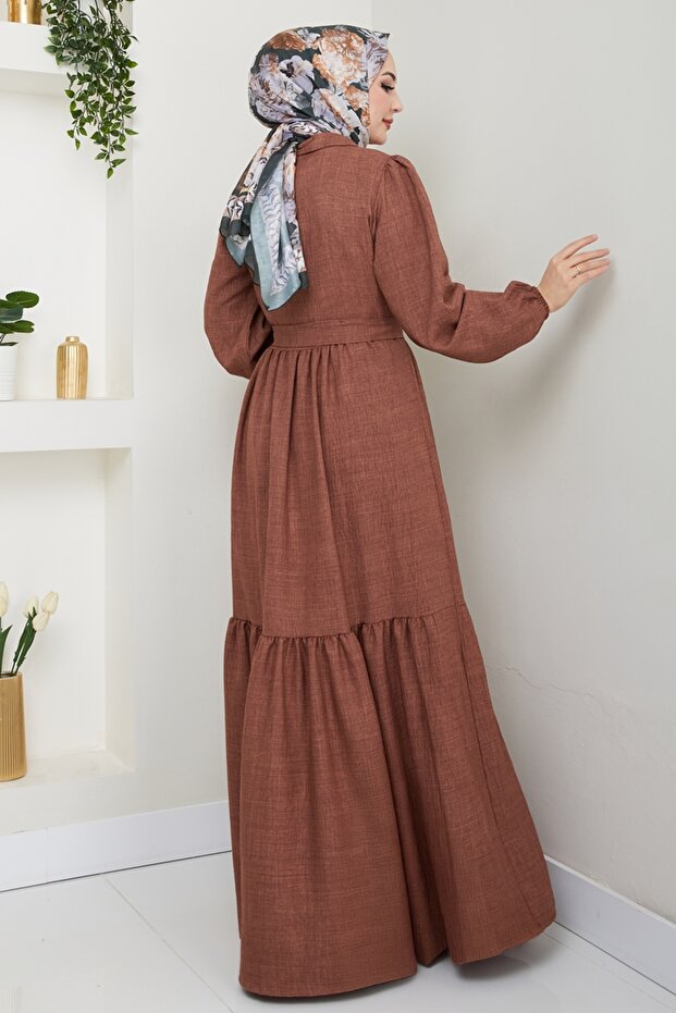 Eteği Katlı Tesettür Elbise 3025HBS856-MS Kahve - 5