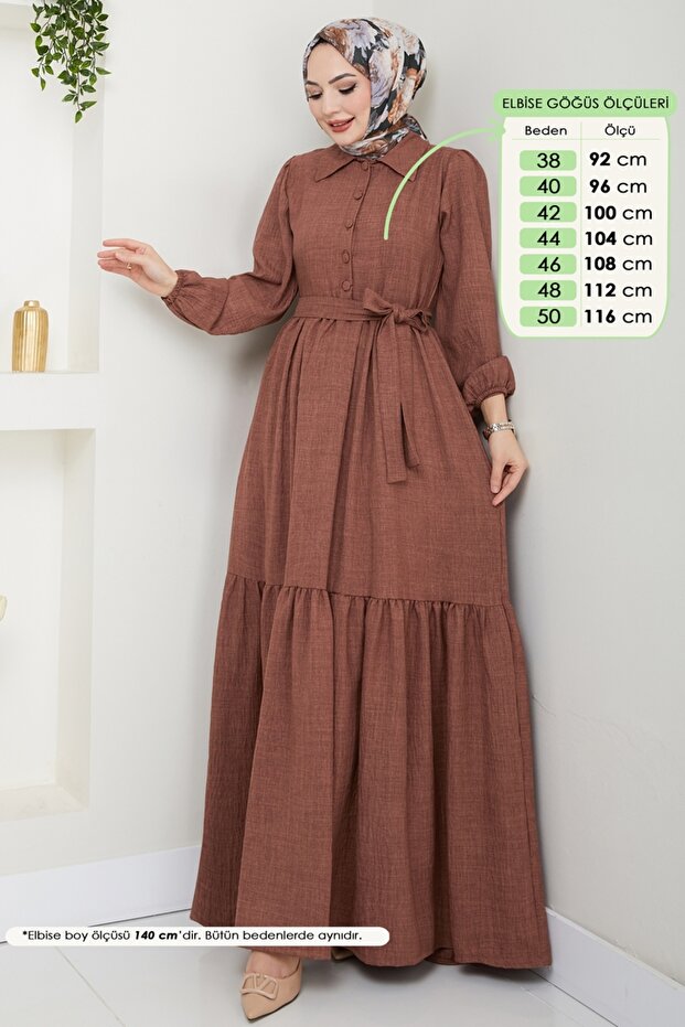 Eteği Katlı Tesettür Elbise 3025HBS856-MS Kahve - 3