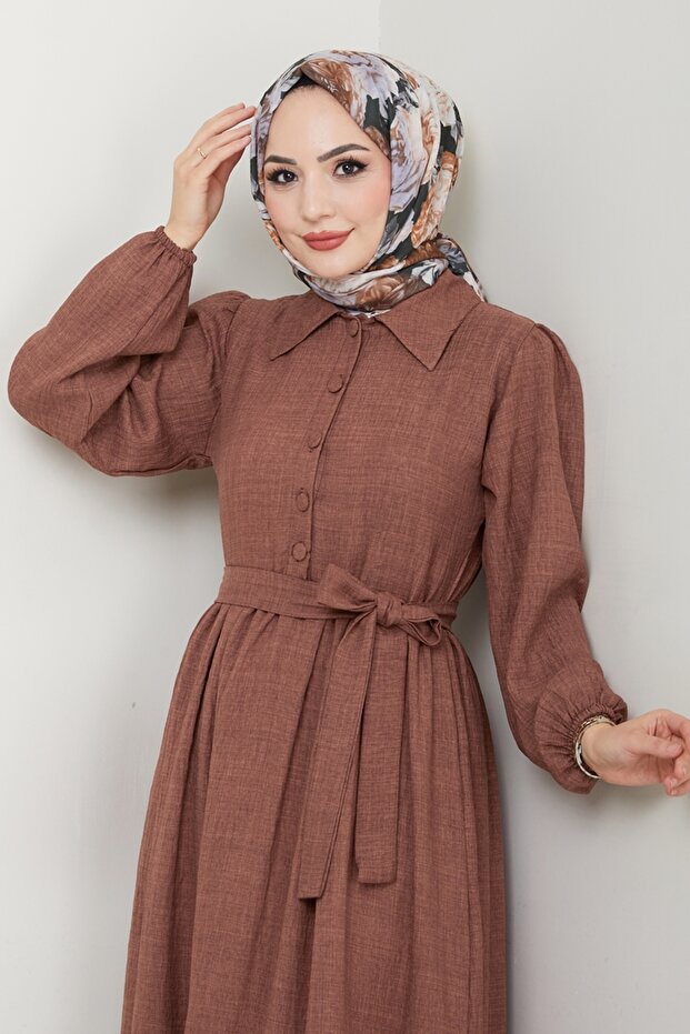 Eteği Katlı Tesettür Elbise 3025HBS856-MS Kahve - 4