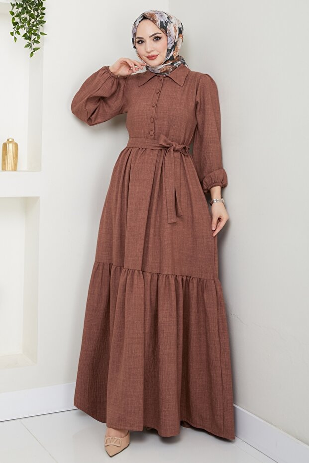Eteği Katlı Tesettür Elbise 3025HBS856-MS Kahve - 1