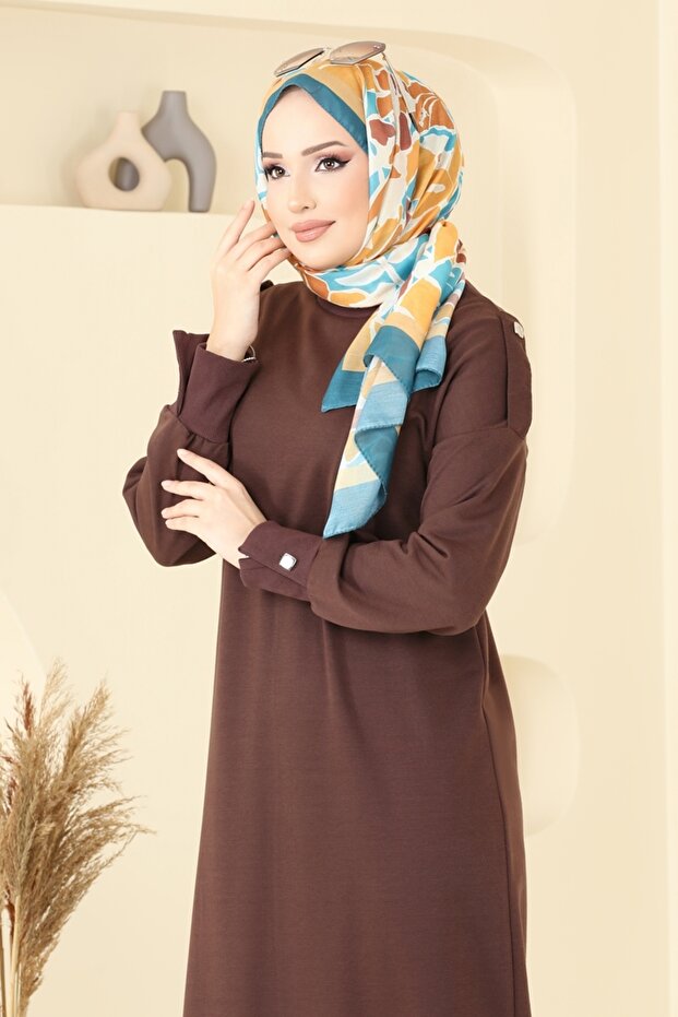 Apolet Düğmeli Elbise 13367ETT926-MS Kahve - 3