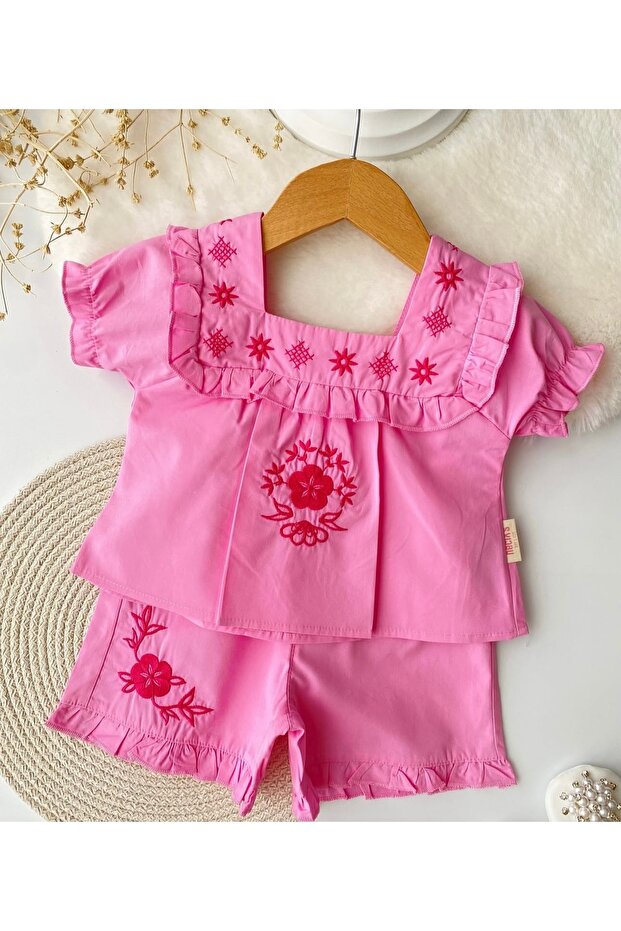 Embroidered baby girl shorts twin set
