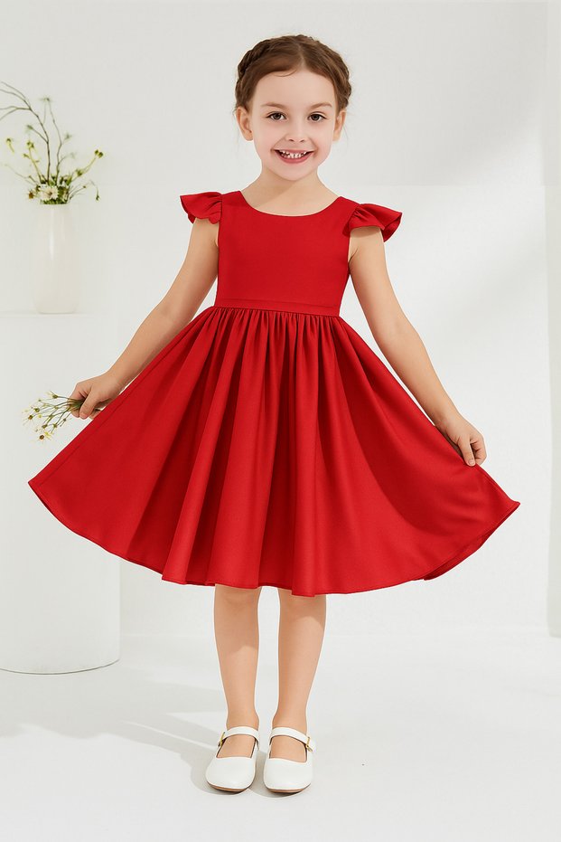Girl's Selda Model Ruffle Sleeve Gathered Waist Satin Dress Graduation Birthday Party Dress