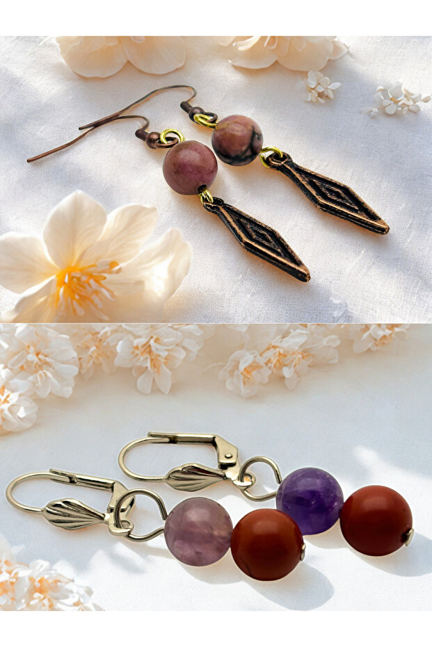 Set of 2 Earrings with Rhodonite & Amethyst & Jasper Natural Stone