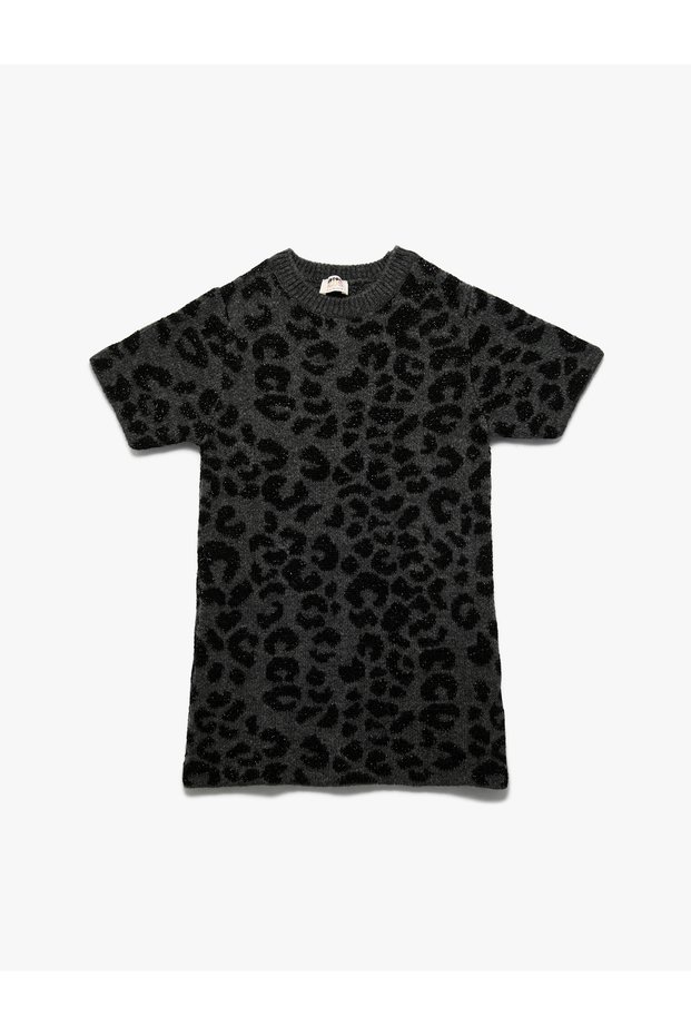Leopard Print Crew Neck Short Sleeve Knitwear Dress