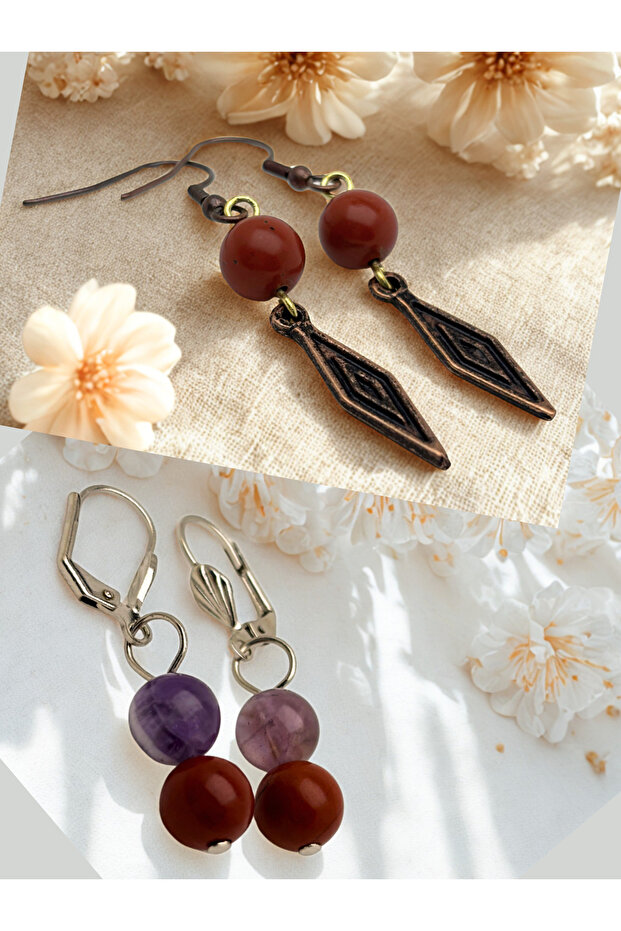 Jasper & Amethyst & Jasper Natural Stone 2-Piece Earring Set