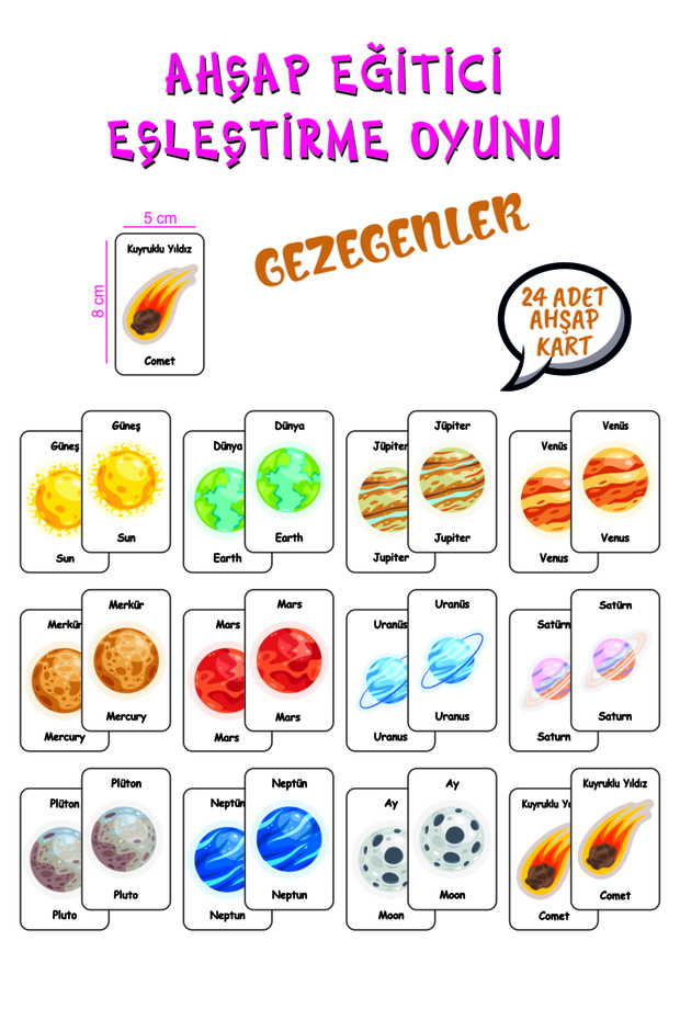 Planets Wooden Memory Matching Cards Turkish - English Memory Game