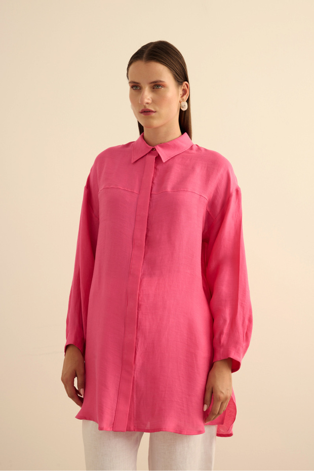 Fuşya Rahat Form Keten Bluz - 5