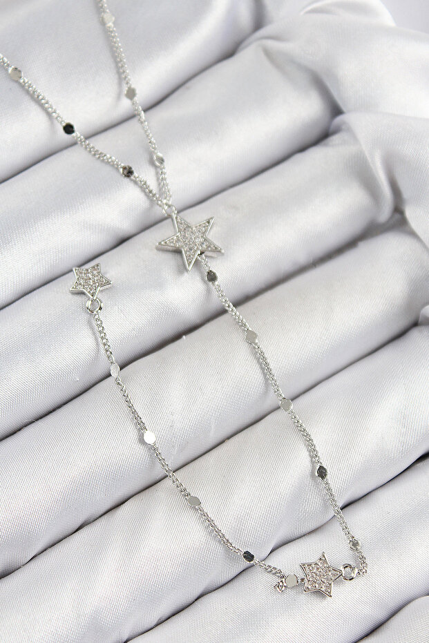 Brass Zircon Stone Star Model Silver Color Y Necklace