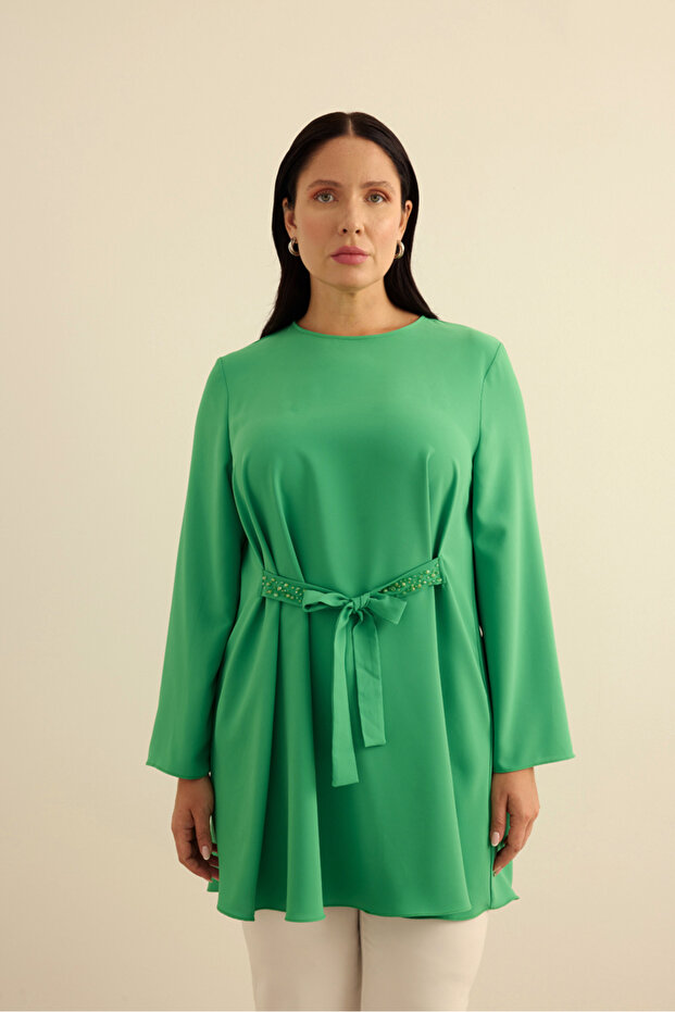 Tunica fluidă cu centură brodată - 3