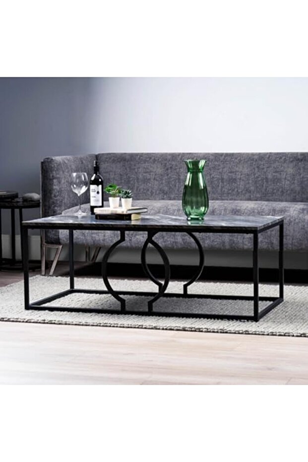 Rectangular Coffee Table for Living Room Furniture, Black & White Wooden Top Marble Te