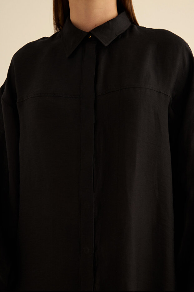 Siyah Rahat Form Keten Bluz - 6