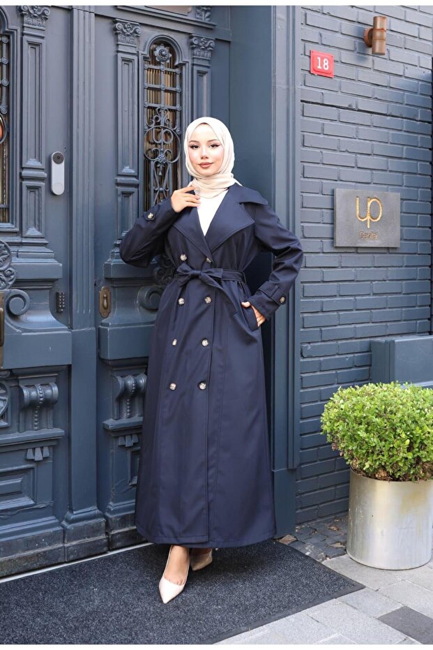 Women's Belted Double Button Lined Bondit Navy Blue Trench Coat