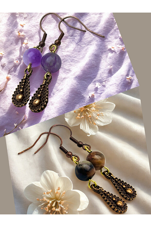 Amethyst & Rhodonite Natural Stone 2-Piece Earring Set - Natural Stone Bijoux Women's Earring Set
