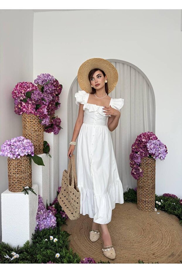 Pole Fırfır Detay Midi Elbise - 5