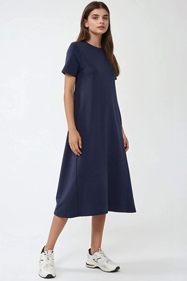 Yuvarlak Yaka Kısa Kollu Basic Midi Elbise Busem Collection - 3