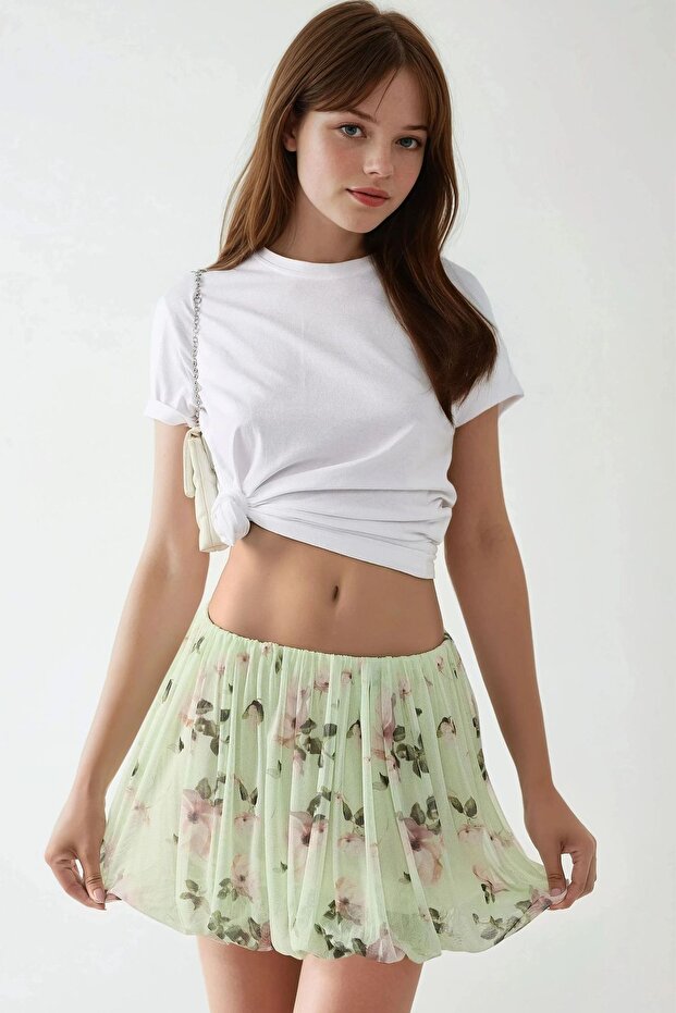 Çiçek Desenli Mini Balon Etek - 4