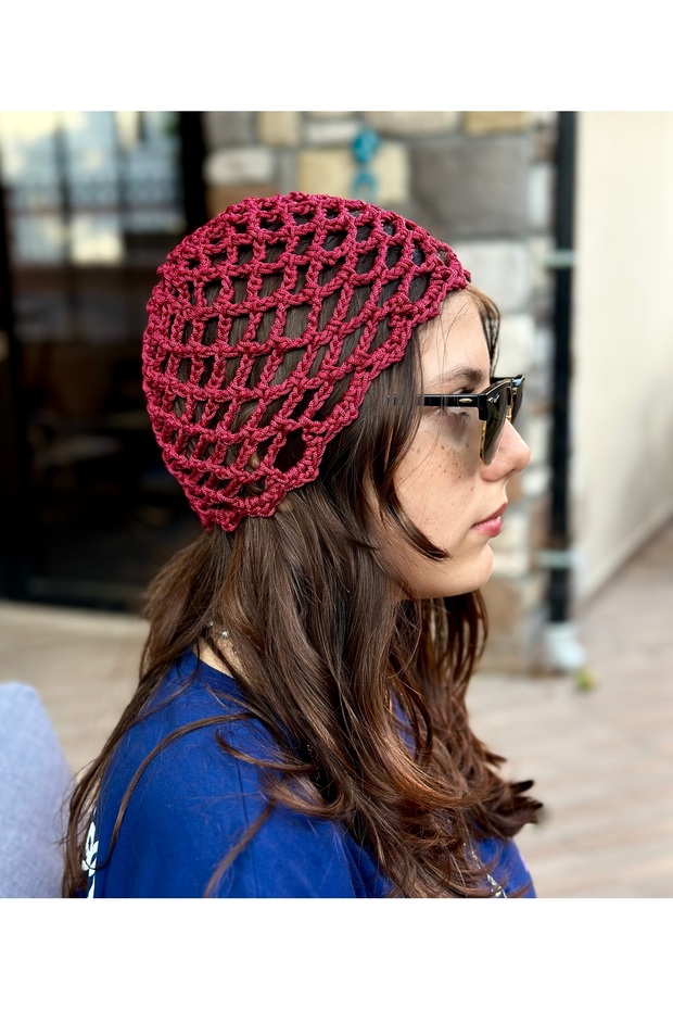 Handmade Mesh Knitted Summer Beret – Bohemian Retro Hair Accessory, Beach Hat, Burgundy
