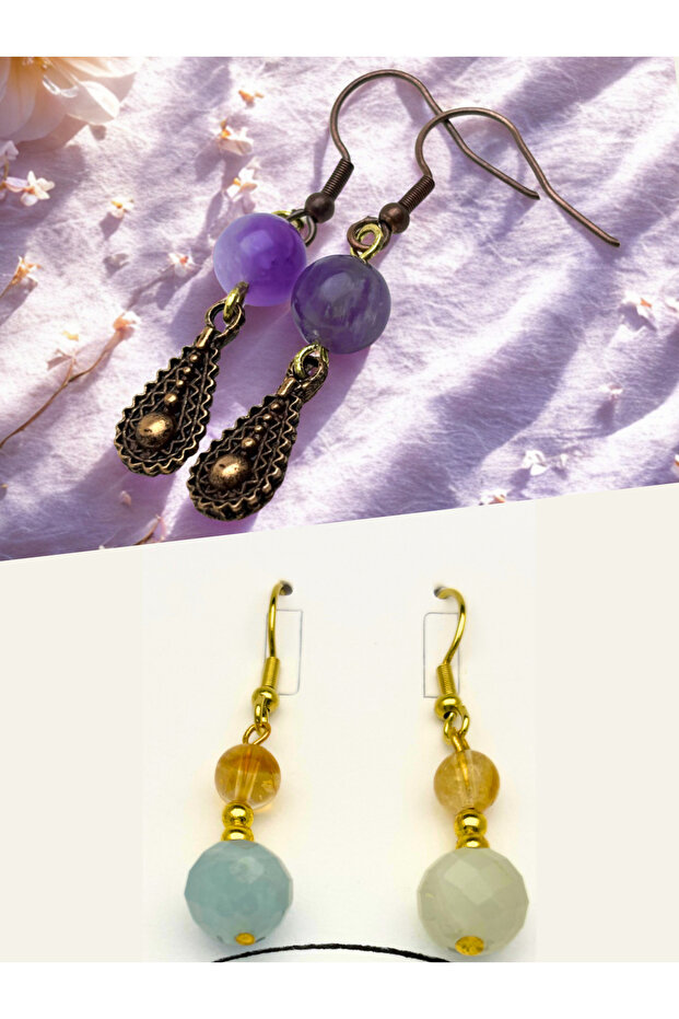 Amethyst & Aquamarine & Citrine Natural Stone 2-Piece Earring Set - Natural Stone Bijoux Women's Earring Set