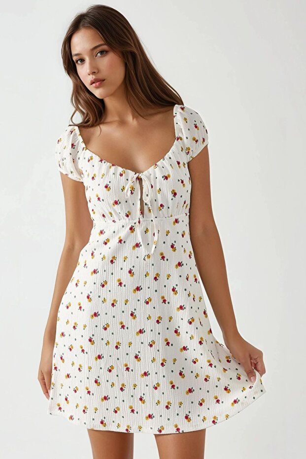 Dokulu Çiçekli Mini Elbise - 1
