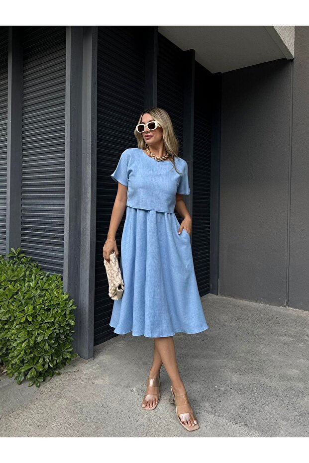 Blue Blouse Skirt Look Linen Dress