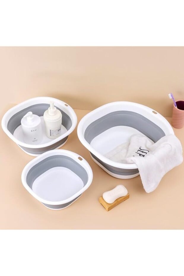 Khazna Foldable Wash Basin Set of 3 (S,M,L) - Plastic+TPR Buckets, Portable and Space Saving, Multi - 1