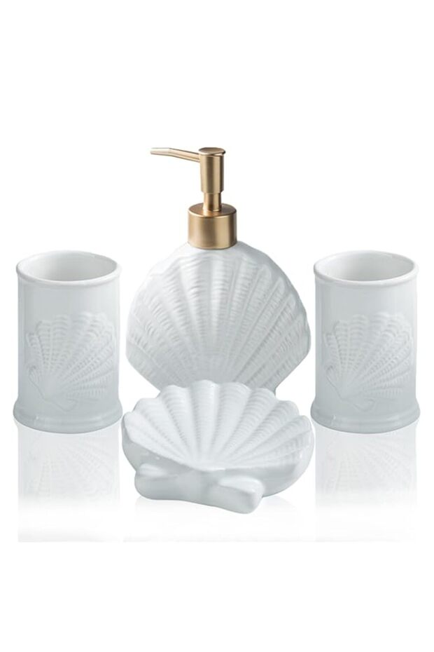 Bathroom Accessories Set, Ceramic Counter Sets, Beach Starfish Ensemble Includes Soap Dispenser Dish & 2 Gargle Cup, Creative Kit For Home Office Hotel (Seashell)