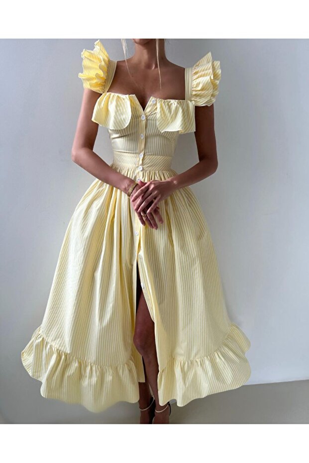 Ruffle Strap Button Striped Belted Midi Dress – Pink, Yellow, Blue