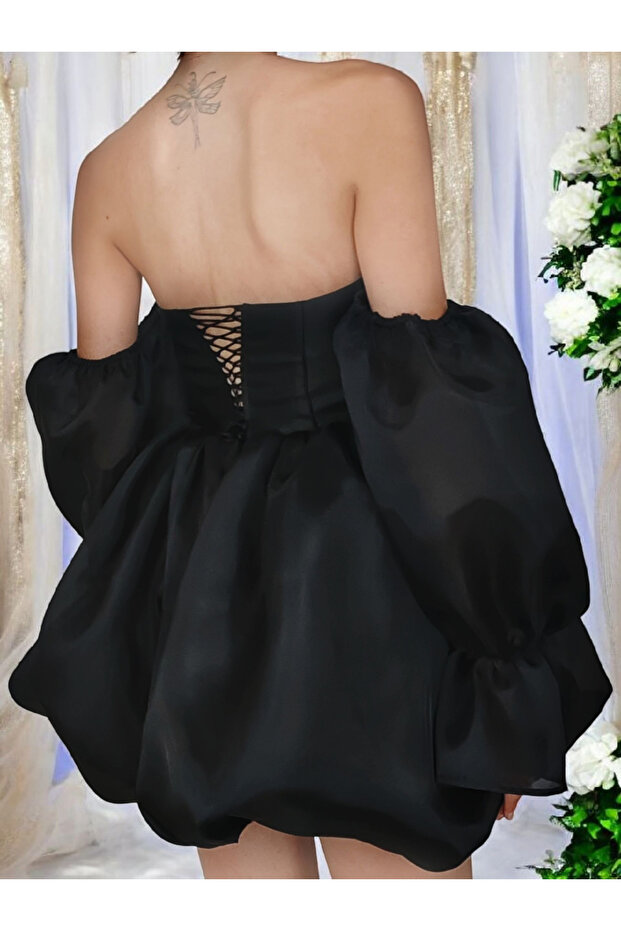 Siyah işlemeli balon etel elbise - 4