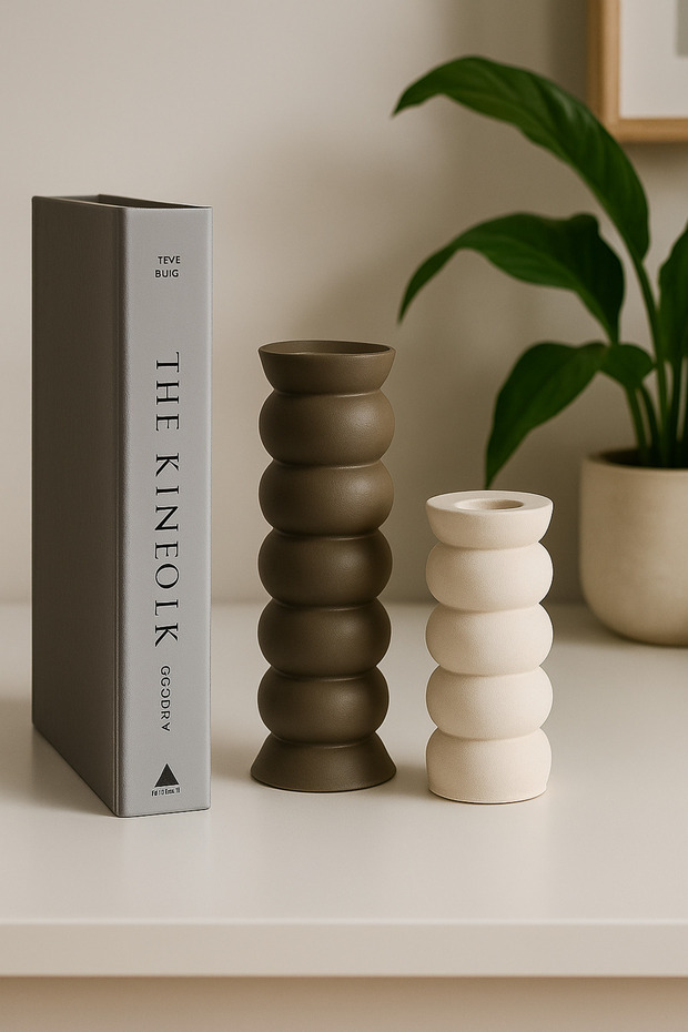 Bubble Boğum Şamdan 2’li Vizon Krem Dekoratif - 1