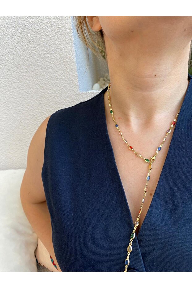 Brass Y Model Stone Ellipse Colorful Necklace
