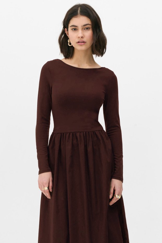 Pani Women's Maxi Length Skirt Part Woven Poplin Flared Top Part Flexible Viscose Coffee Dress