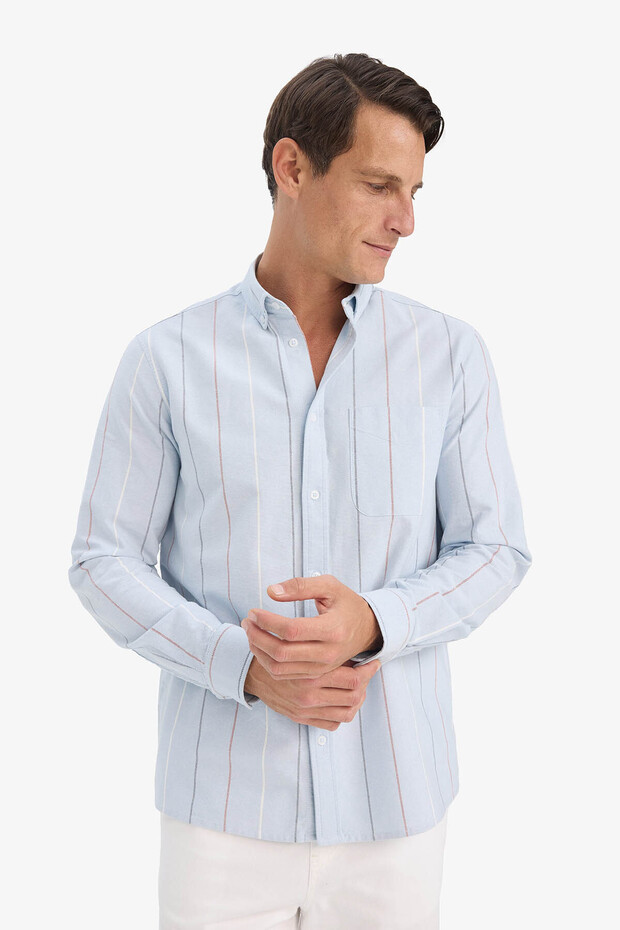 Regular Fit Polo Yaka Çizgili Cepli Mavi Erkek Gömlek E7892AX/BE723 - 4