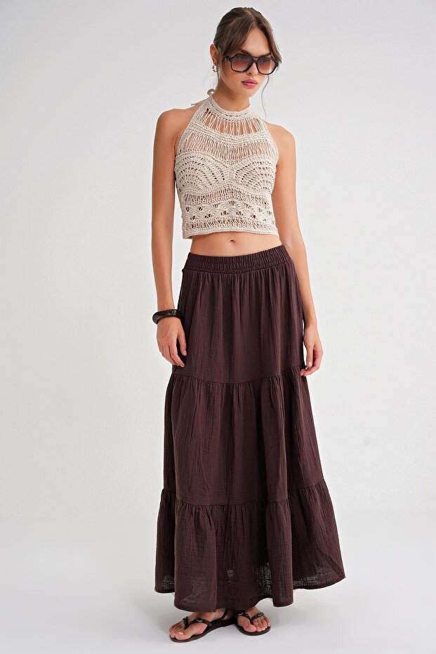 4567 Kadın Fırfırlı Uzun Müslin Etek Kahve - 2