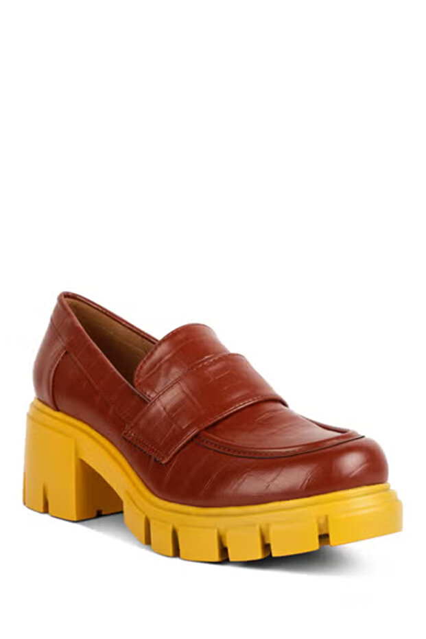 Women Tan Chunky Block Heel Loafers