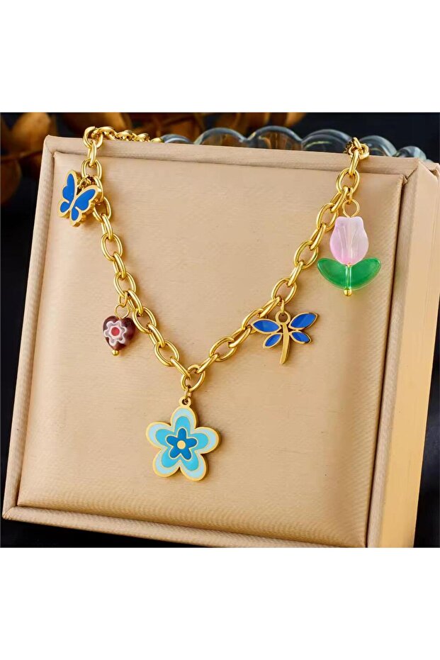 Charm Steel Necklace with Flower Butterfly Tulip Figure