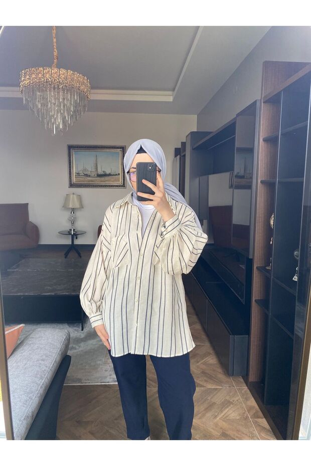 OVERSİZE LACİVERT ÇİZGİLİ GÖMLEK - 5