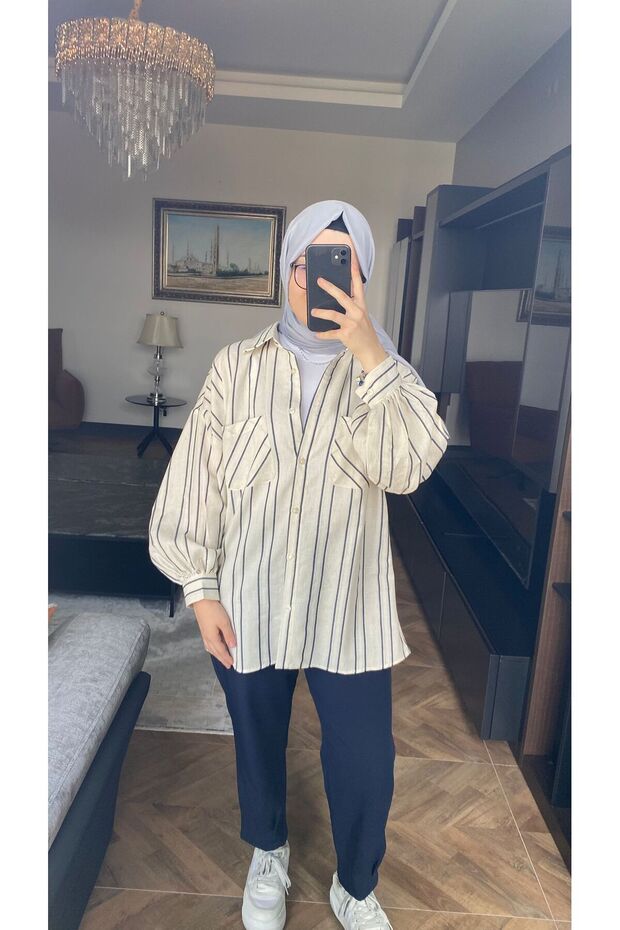 OVERSİZE LACİVERT ÇİZGİLİ GÖMLEK - 2
