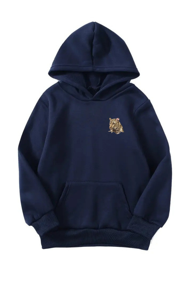 Unisex Oversize Hooded Winter Leopard Ear Ribbon Printed Hooded Sweatshirt - Navy Blue