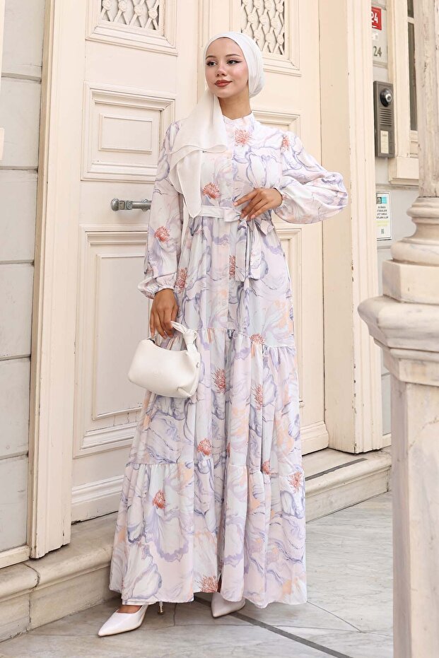 فستان حجاب منقوش لون حجري 585 - 1