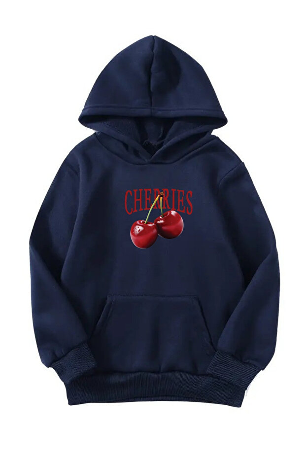 Unisex Oversize Hooded Winter Cherries Printed Hooded Sweatshirt - Navy Blue